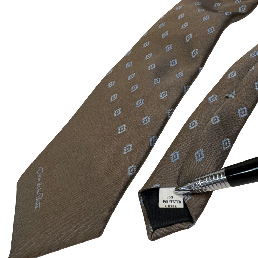 Oscar de‎ la Renta Mens Brown Blue Geometric Diamond Silk Blend Necktie USA Made - Picture 2 of 9